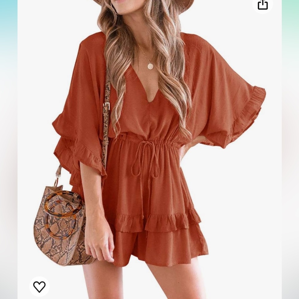 Valphsio Womens V Neck Romper Ruffle Layered Drawstring Jumpsuit